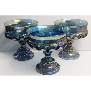 3 Candy Dish Blue Iridescent Carnival Indiana Colony Tiffin Glass King's Crown